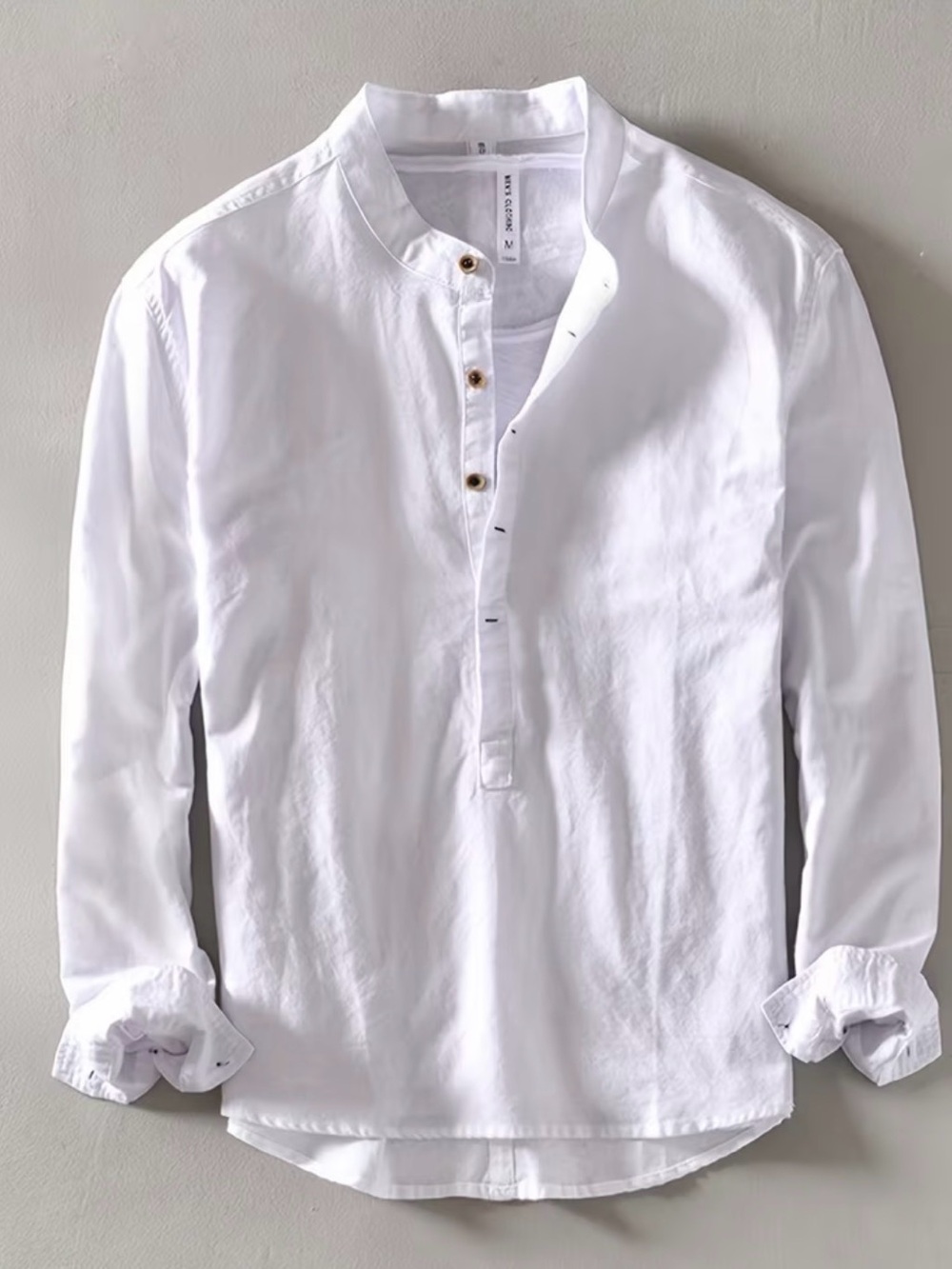 Men's White Mandarin Collar Button-Down Shirt - Casual Long Sleeve